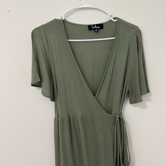 Lulus Dress Womens Large Much Obliged Washed Olive Green Wrap Maxi - Picture 4 of 10